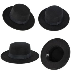 Classic Flat Top Fedora for Women - Mens Bowknot Porkpie Felt Boater Hat (Size: S-M) Black