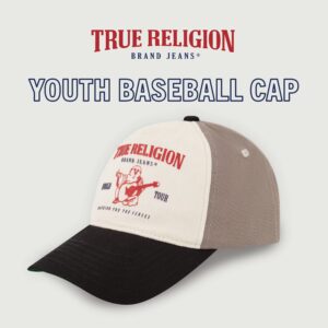 True Religion Kids Hat with Buddah Logo, 5 Panel Cotton Twill, Adjustable Baseball Cap, Black, One Size