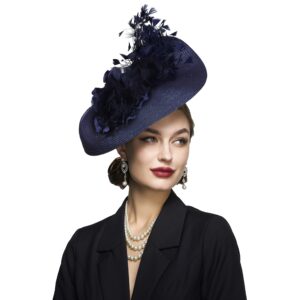 babeyond tea party fascinator hat for women kentucky headwear feather derby pillbox wide church hat for cocktail wedding navy blue