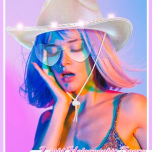 Jecery 12 Pcs Light Holographic Space Cowgirl Hat and Heart Shape Sunglasses LED Rave Cowboy Hat Rimless Heart Sunglasses for Teens Adult Party, White