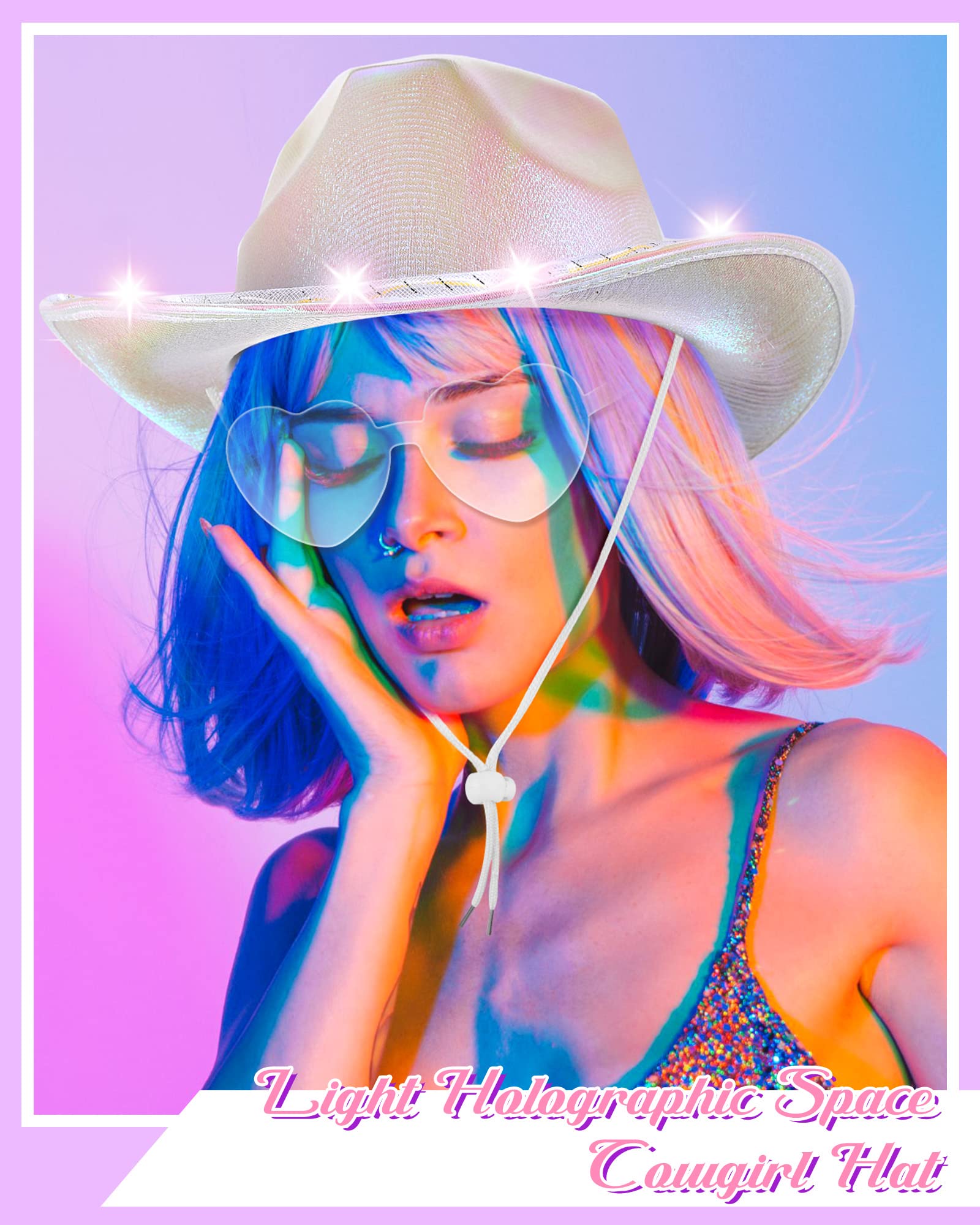 Jecery 12 Pcs Light Holographic Space Cowgirl Hat and Heart Shape Sunglasses LED Rave Cowboy Hat Rimless Heart Sunglasses for Teens Adult Party, White