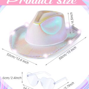 Jecery 12 Pcs Light Holographic Space Cowgirl Hat and Heart Shape Sunglasses LED Rave Cowboy Hat Rimless Heart Sunglasses for Teens Adult Party, White