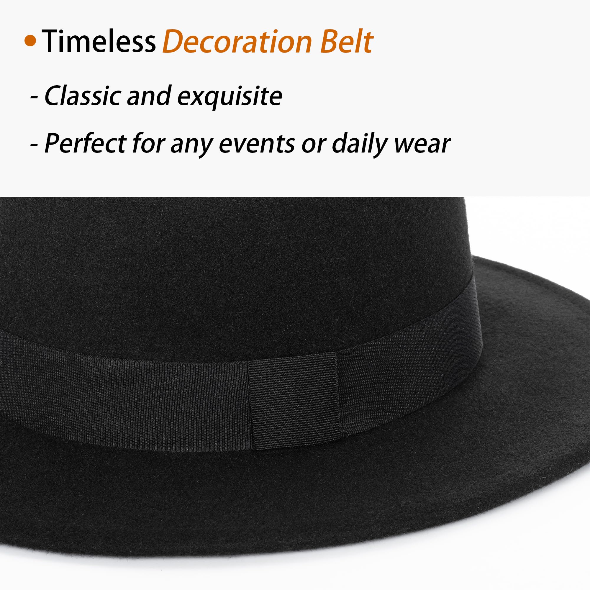 Women-Pork-Pie-Wide-Brim-Hat - Wide-Brim-Fedora-Hat with Band-Lady-PanamaHats Trilby-Cap-Autumn-Winter-Black