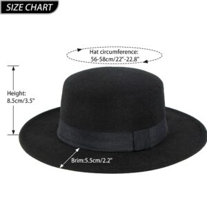 Classic Flat Top Fedora for Women - Mens Bowknot Porkpie Felt Boater Hat (Size: S-M) Black