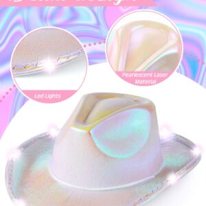 Jecery 12 Pcs Light Holographic Space Cowgirl Hat and Heart Shape Sunglasses LED Rave Cowboy Hat Rimless Heart Sunglasses for Teens Adult Party, White