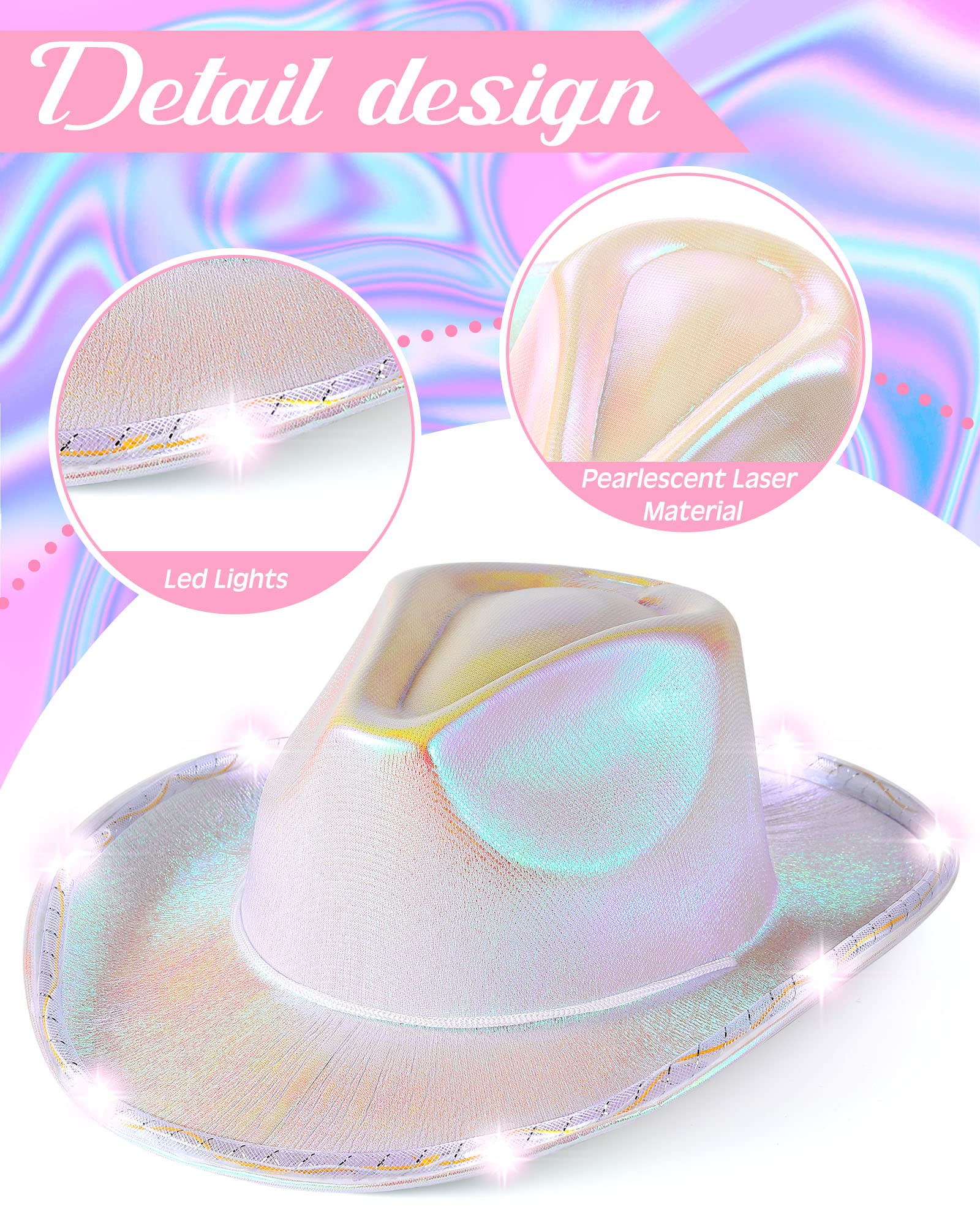 Jecery 12 Pcs Light Holographic Space Cowgirl Hat and Heart Shape Sunglasses LED Rave Cowboy Hat Rimless Heart Sunglasses for Teens Adult Party, White