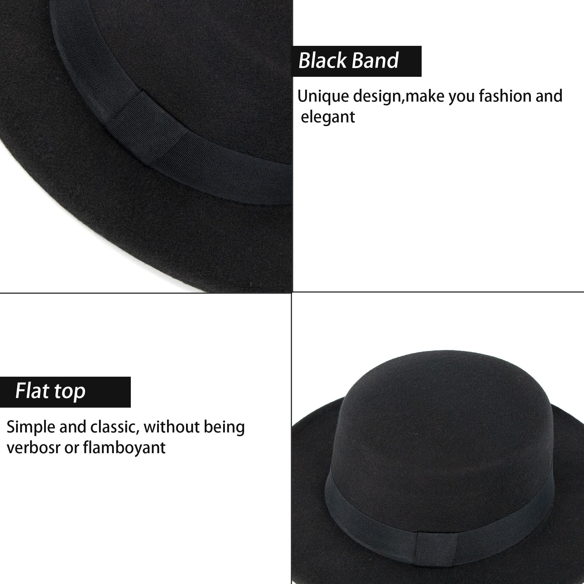 Classic Flat Top Fedora for Women - Mens Bowknot Porkpie Felt Boater Hat (Size: S-M) Black