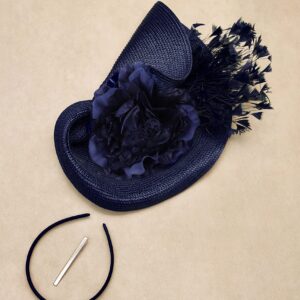 BABEYOND Tea Party Fascinator Hat for Women Kentucky Headwear Feather Derby Pillbox Wide Church Hat for Cocktail Wedding Navy Blue