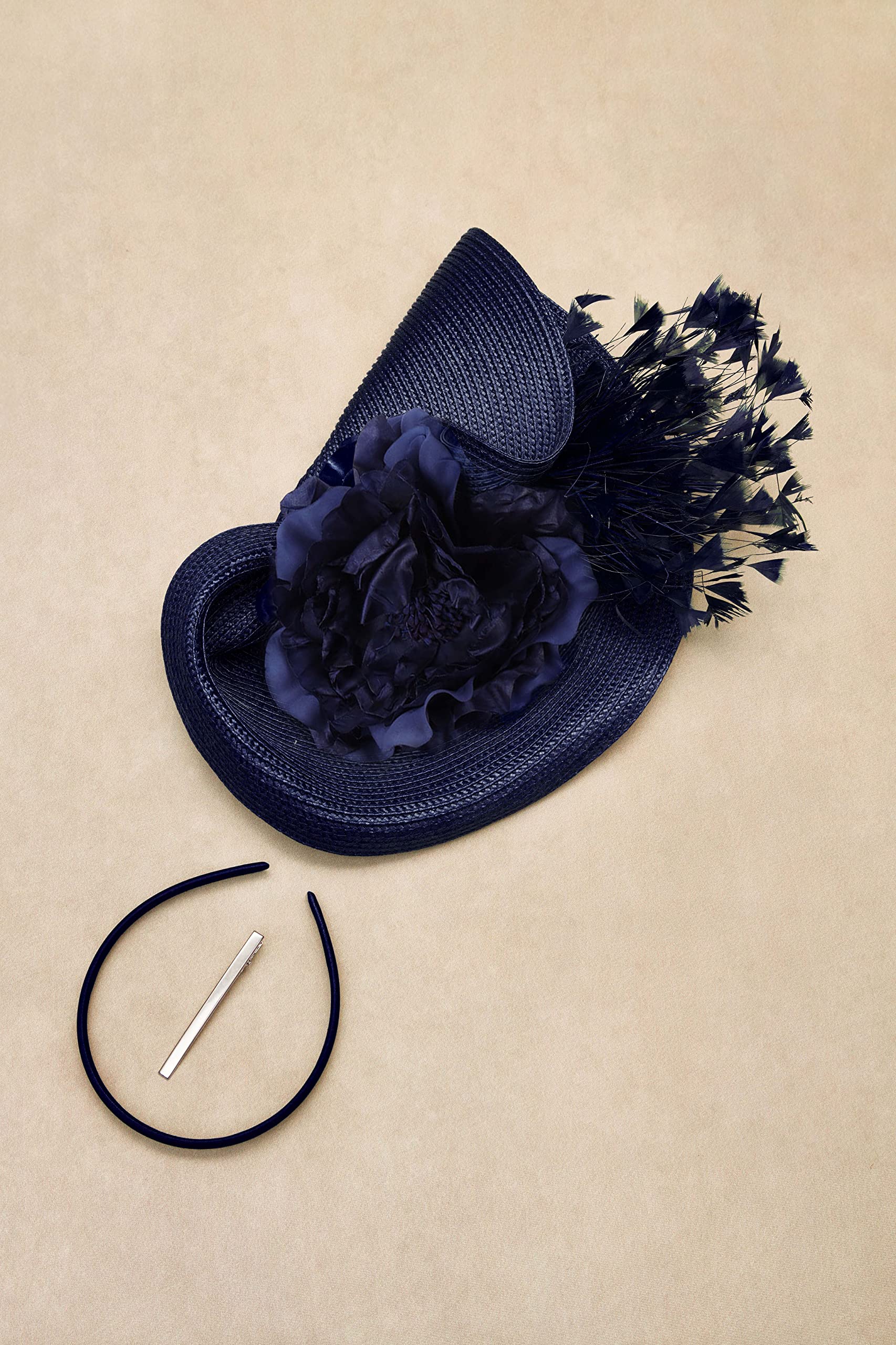 BABEYOND Tea Party Fascinator Hat for Women Kentucky Headwear Feather Derby Pillbox Wide Church Hat for Cocktail Wedding Navy Blue