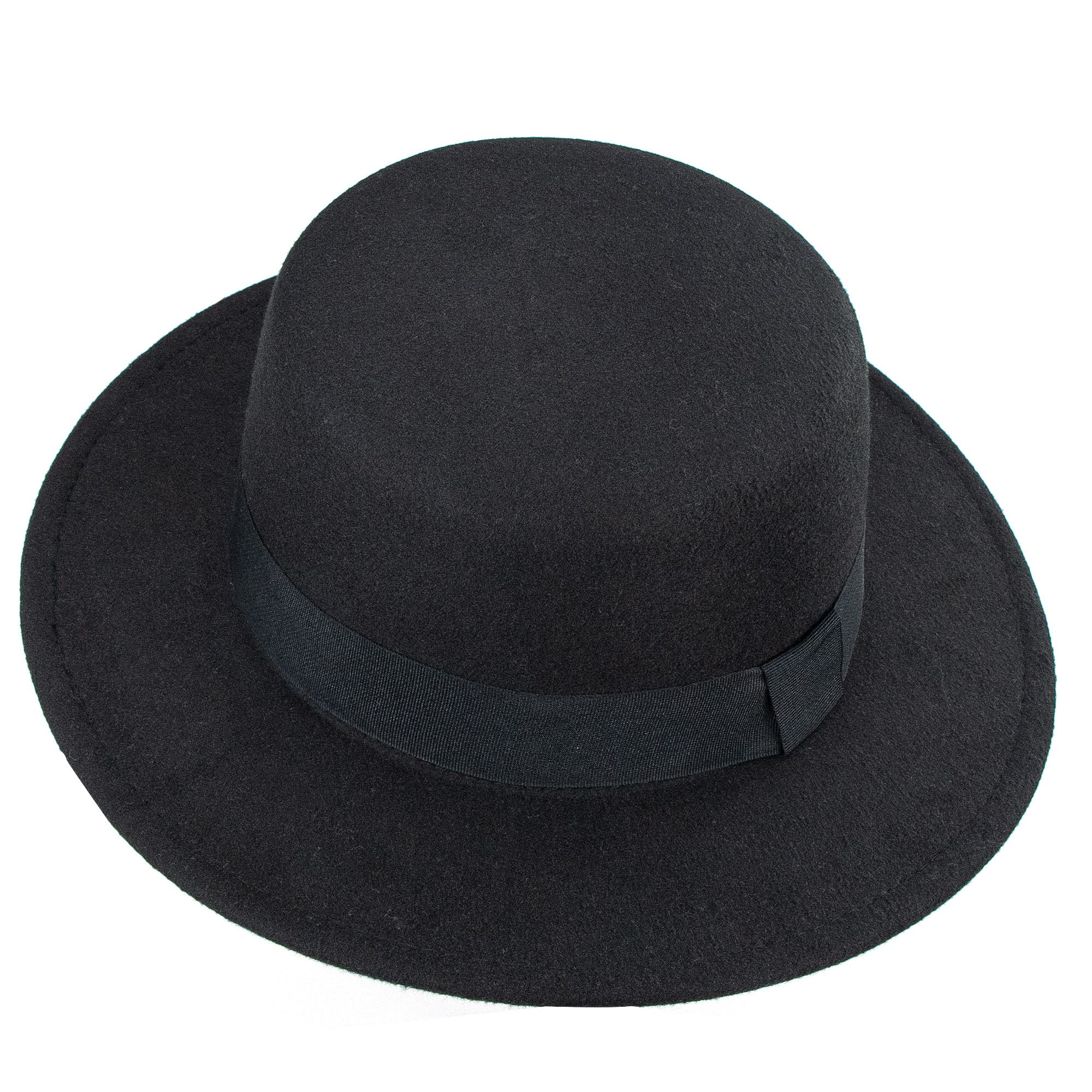 Wide Brim Wool Felt Flat Top Fedora Hat for Women and Men Pork Pie Hat Felt Boater Party Church Trilby Hats Black