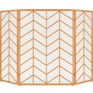 best choice products 52x31in 3 panel chevron fireplace screen, mid century modern wrought iron hand crafted fire place guard for living room home decor, steel mesh - gold