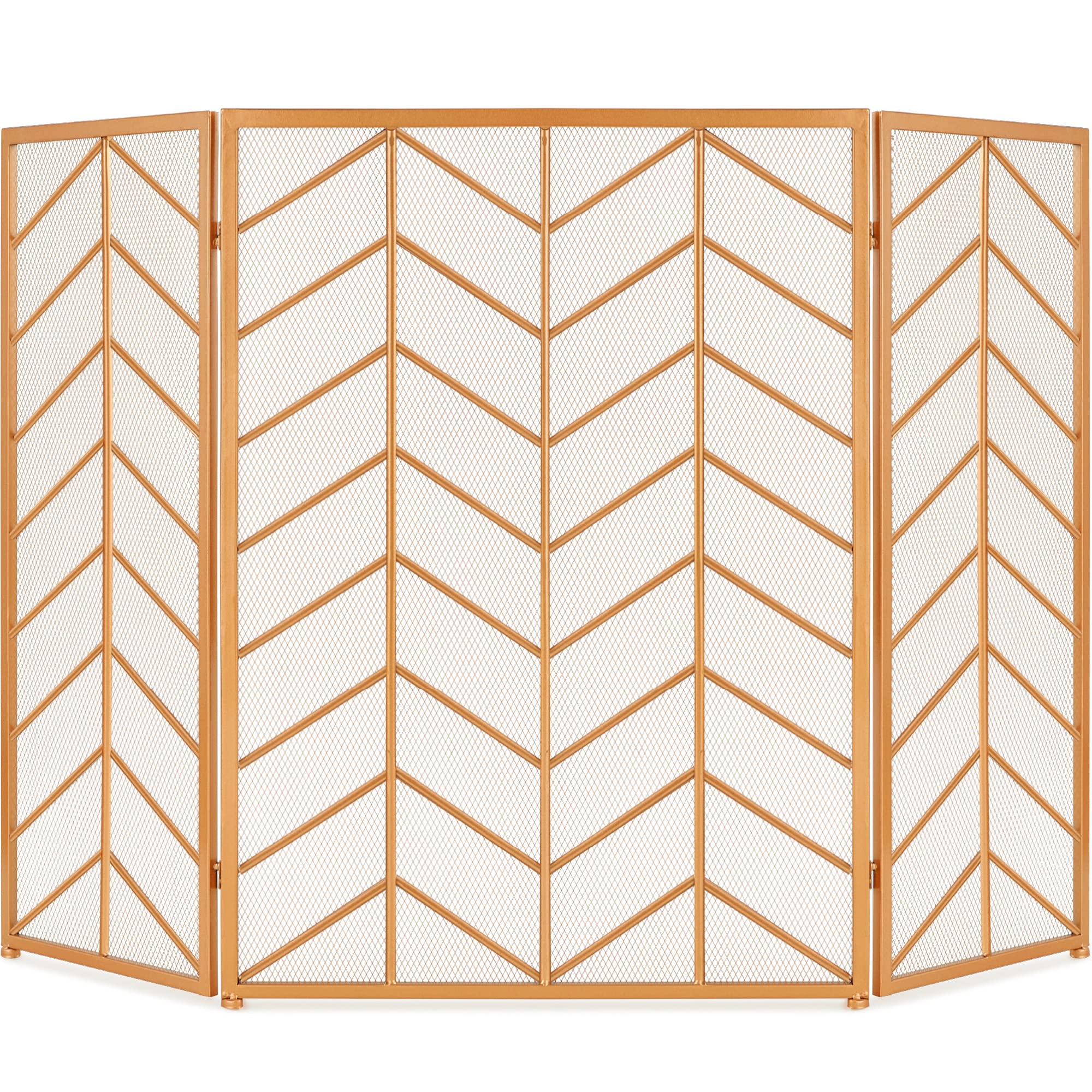 Best Choice Products 52x31in 3 Panel Chevron Fireplace Screen, Mid Century Modern Wrought Iron Hand Crafted Fire Place Guard for Living Room Home Decor, Steel Mesh - Gold