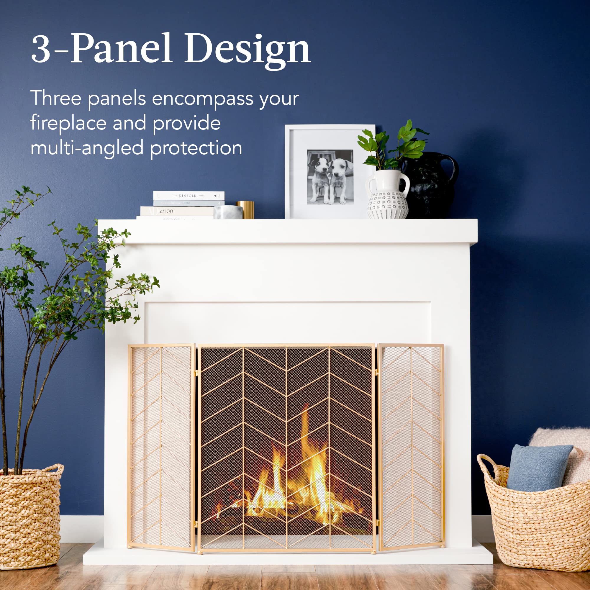 Best Choice Products 52x31in 3 Panel Chevron Fireplace Screen, Mid Century Modern Wrought Iron Hand Crafted Fire Place Guard for Living Room Home Decor, Steel Mesh - Gold