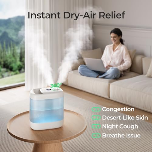 Homvana Humidifiers for Bedroom, 5L Super Easy to Clean Top Fill Auto Adapt Cool Mist Humidifier for Bedroom Plants Baby Kids for Home (Never Leaking Design), Quiet 40H Runtime, Essential Oil Diffuser