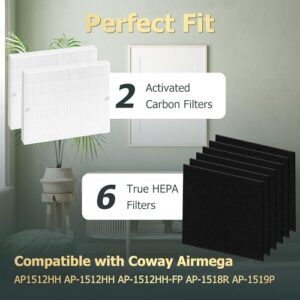 Improvedhand AP-1512HH Replacement Filter for Coway Airmega 200m series AP-1512HH AP-1518R AP-1519P, 2 Pack H13 True High Efficiency Filter & 6 Pack Activated Carbon Pre-Filter, Replace Part # 3304899