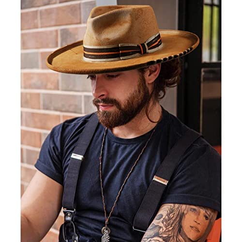 Vintage Wide Brim Distressed Pencil Brim Fedoras Panama Hat Classic Rancher for Men Women Wide Brim Roll with Lightning Logo