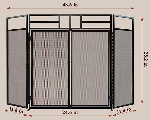 Fire Beauty 3-Panel Folding Fireplace Screen with Magnetic Hinged Doors, Solid Wrought Iron Panels Fire Spark Guard