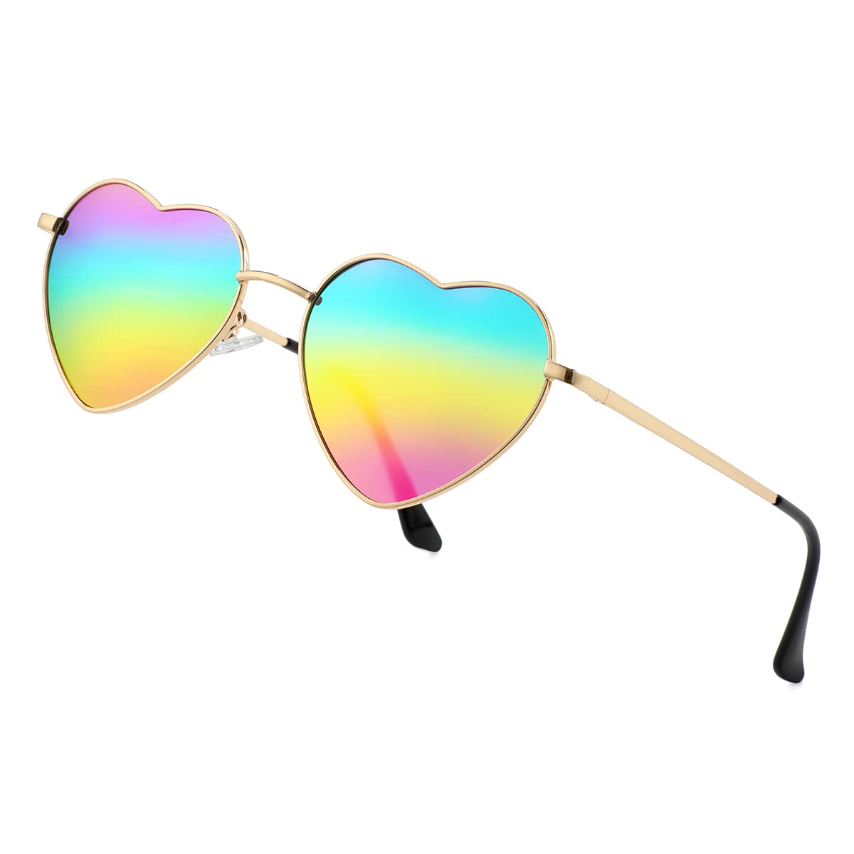 Polarized Heart Shaped Sunglasses for Women Metal Frame Cute Lovely Glasses 100% UV Protection (Gold/Rainbow Mirror)