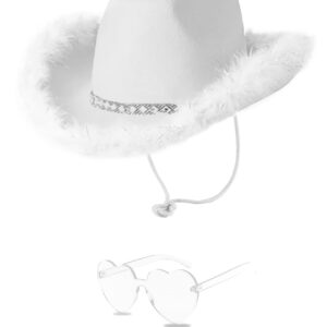 YBHOMINE Cowboy Hat with Heart Sunglasses - Cowgirl Hat with Feather Boa Brim for Women&Men,Bachelorette Party Halloween (White)