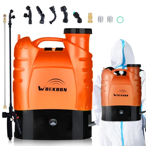 WOEKBON 4 Gallon Battery Powered Backpack Sprayer Electric Garden Pump Sprayer with Lithium Battery for Long Time Spray Brass Telescope Wand and Multiple Nozzles for Spraying Cleaning。