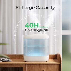 Homvana Humidifiers for Bedroom, 5L Super Easy to Clean Top Fill Auto Adapt Cool Mist Humidifier for Bedroom Plants Baby Kids for Home (Never Leaking Design), Quiet 40H Runtime, Essential Oil Diffuser