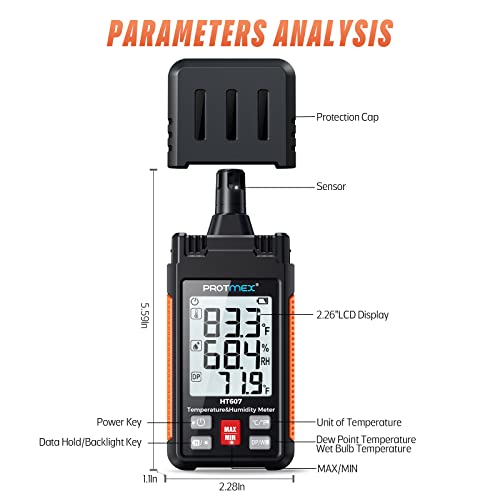 Protmex HT607 Temperature Humidity Meter High Precision Digital Hygrometer with Ambient, Relative Humidity, Dew Point, Wet Bulb Thermometer, Min/Max Hold, LCD Backlight with Cover Protector