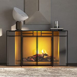 Fire Beauty 3-Panel Folding Fireplace Screen with Magnetic Hinged Doors, Solid Wrought Iron Panels Fire Spark Guard