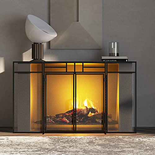 Fire Beauty 3-Panel Folding Fireplace Screen with Magnetic Hinged Doors, Solid Wrought Iron Panels Fire Spark Guard