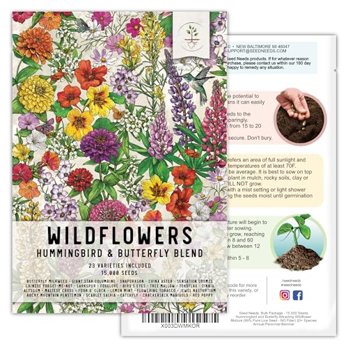 Seed Needs, Package of 15,000+ Hummingbird and Butterfly Garden Wildflower Seed Mixture for Planting (99% Pure Live Seed- NO Filler) 20+ Varieties, Annual Perennial - Bulk