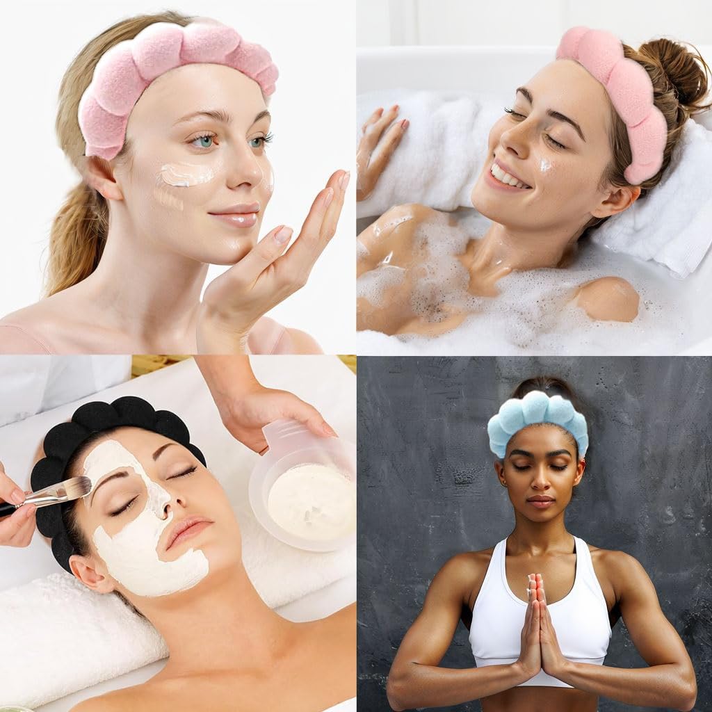 Spa Facial Exfoliator and Makeup Removal Headband - Terry Cloth Bubble Soft Puffy Skincare Headband for Women and Girls