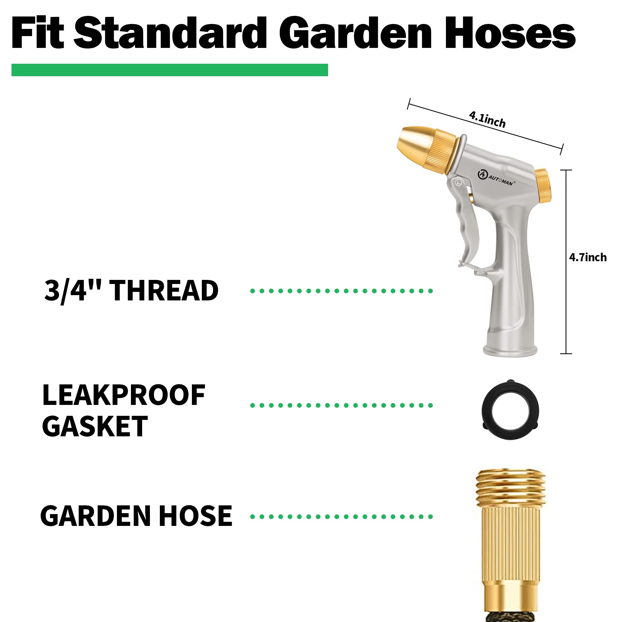 AUTOMAN Garden Hose Nozzle Sprayer, High Pressure Spray Nozzle, 100% Metal Water Hose Nozzle, 4 Patterns Watering Nozzle, Heavy Duty Garden Nozzle for Watering Plants & Lawns, Washing Cars & Pets