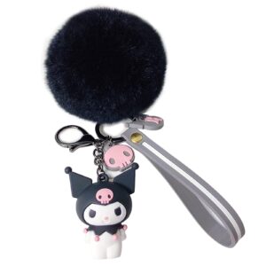 tonsamvo cute pom pom keychain kawaii key chain for backpack decoration keychains for women (black)