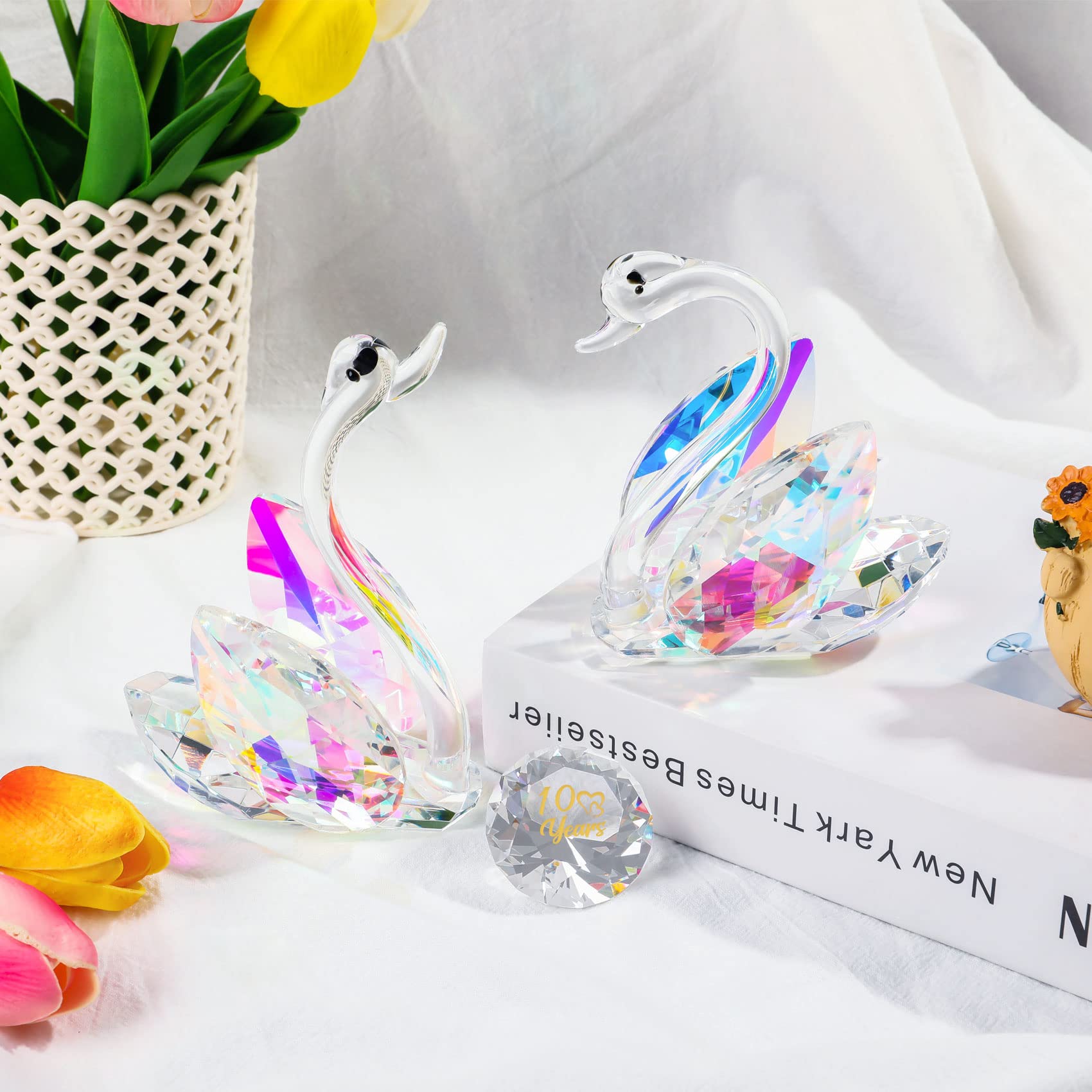 YWHL 10 Year Anniversary Swan Gifts for Her, 10th Wedding Anniversary for Couples, Crystal Swan Figurine Decoration with 10 Years of Love Diamond, Valentines Day Present Romantic Gifts Birthday Gift