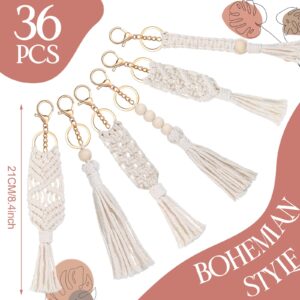 Junkin Macrame Boho Keychains Bulk Handcrafted Aesthetic Key Chain with Tassel for Women Car Key Purse Wallet Beige (36 Pieces)