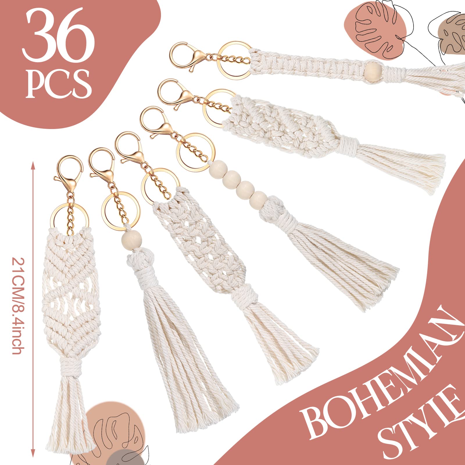 Junkin Macrame Boho Keychains Bulk Handcrafted Aesthetic Key Chain with Tassel for Women Car Key Purse Wallet Beige (36 Pieces)