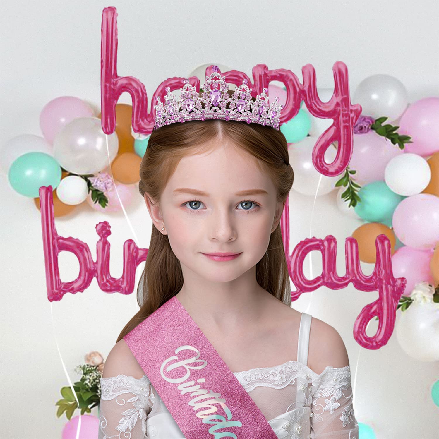 SuPoo Pink Birthday Crowns Birthday Sash and Crown Kit Birthday Tiara Rhinestones Metal Crown with Comb Glitter Birthday Girls Sash Crystal Headband Princess Tiaras for Girl Happy Birthday Decorations