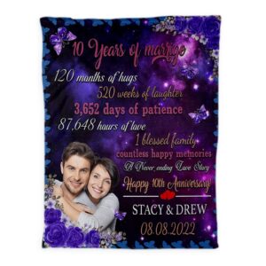 custom photo 10th wedding anniversary blanket gifts for couples, 10 years of marriage throw blankets for husband wife, personalized happy 10th anniversary blanket gifts for him her