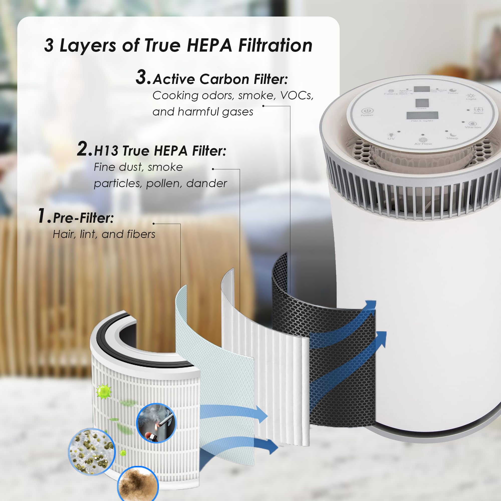 Flintar H13 True HEPA Replacement Filter, Compatible with SilverOnyx 5-Speed Air Purifier KJ150F-C02, 3-in-1 H13 Grade True HEPA filter, For Large Room 500 sq ft, 2-Pack