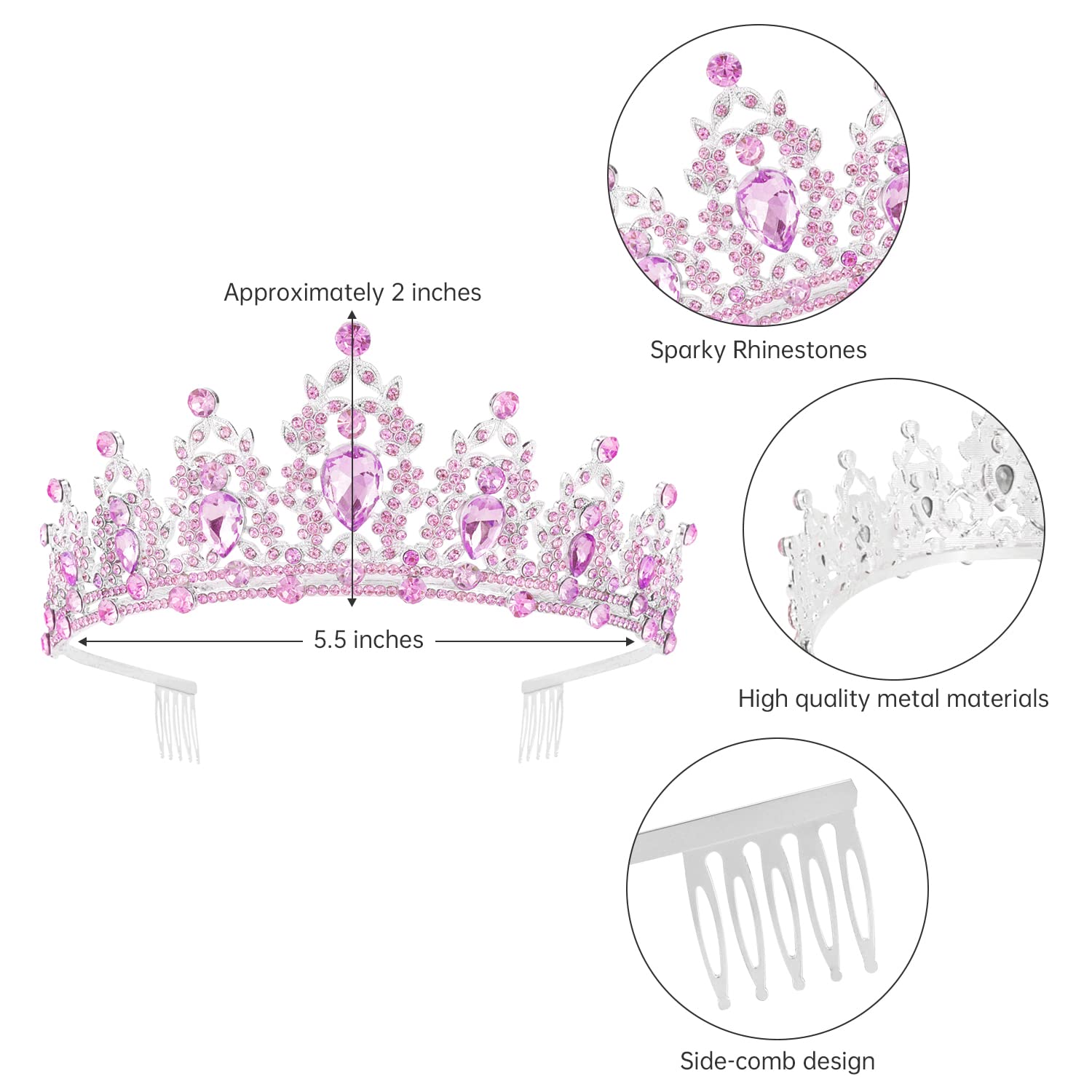 SuPoo Pink Birthday Crowns Birthday Sash and Crown Kit Birthday Tiara Rhinestones Metal Crown with Comb Glitter Birthday Girls Sash Crystal Headband Princess Tiaras for Girl Happy Birthday Decorations