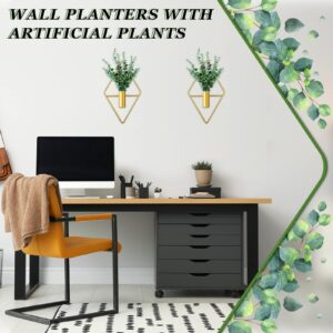 2 Pieces Wall Decor Hanging Planters with Artificial Plants Metal Hanging Vase Indoor Plants Holder Modern Geometric Wall Art for Home Bedroom Living Room Office(Eucalyptus,Gold)