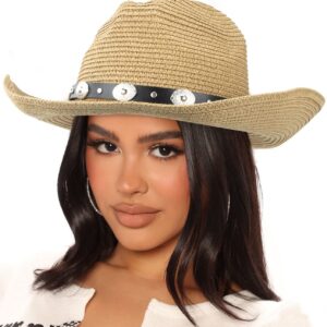 Straw Cowboy Hat for Women Men Western Sun Hat Wide Brim Summer Belt Cowgirl Hats(M-L)