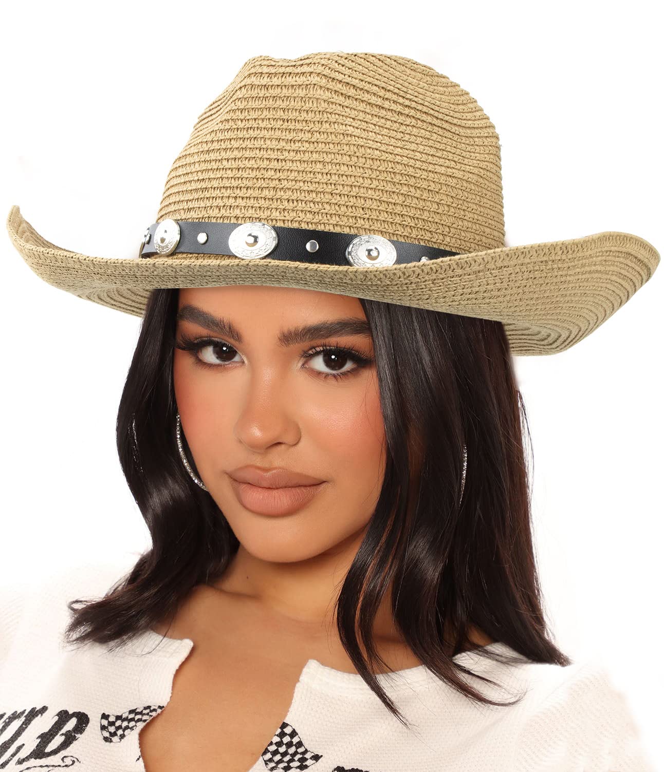 Straw Cowboy Hat for Women Men Western Sun Hat Wide Brim Summer Belt Cowgirl Hats(M-L)