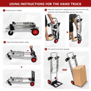 Oyoest Aluminium Hand Truck Dolly Heavy Duty 440lbs Capacity 2 in 1 Convertible Folding Hand Truck with Pneumatic Wheels and Telescoping Handles,Portable Dolly Cart with Bungee Cords for Moving