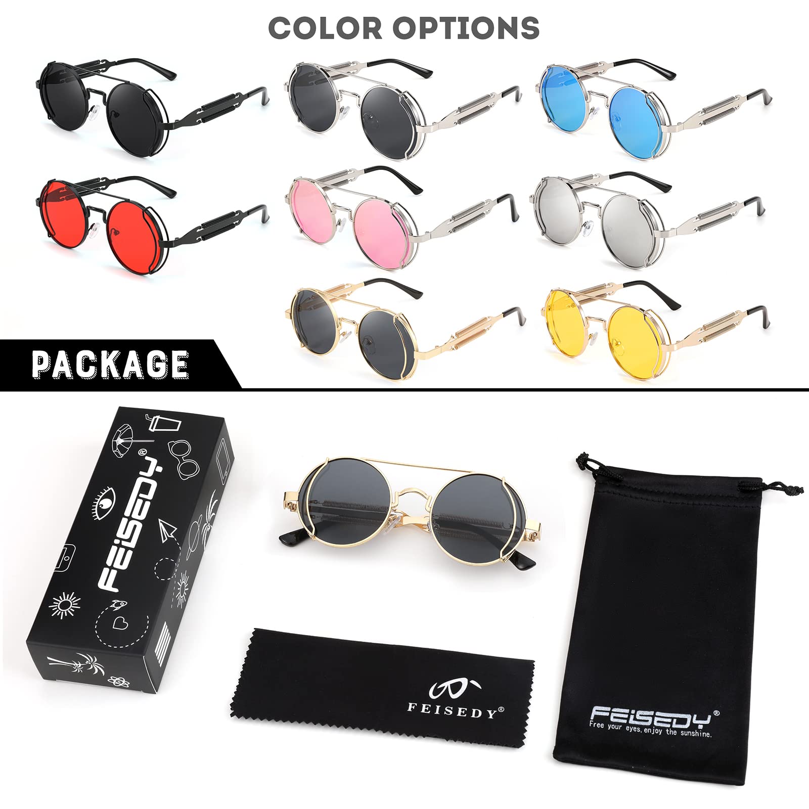 FEISEDY Sunglasses Steampunk Mens Women Aviators Retro Round Sunglasses Metal Frame Fishing Driving Hippie Glasses B2351