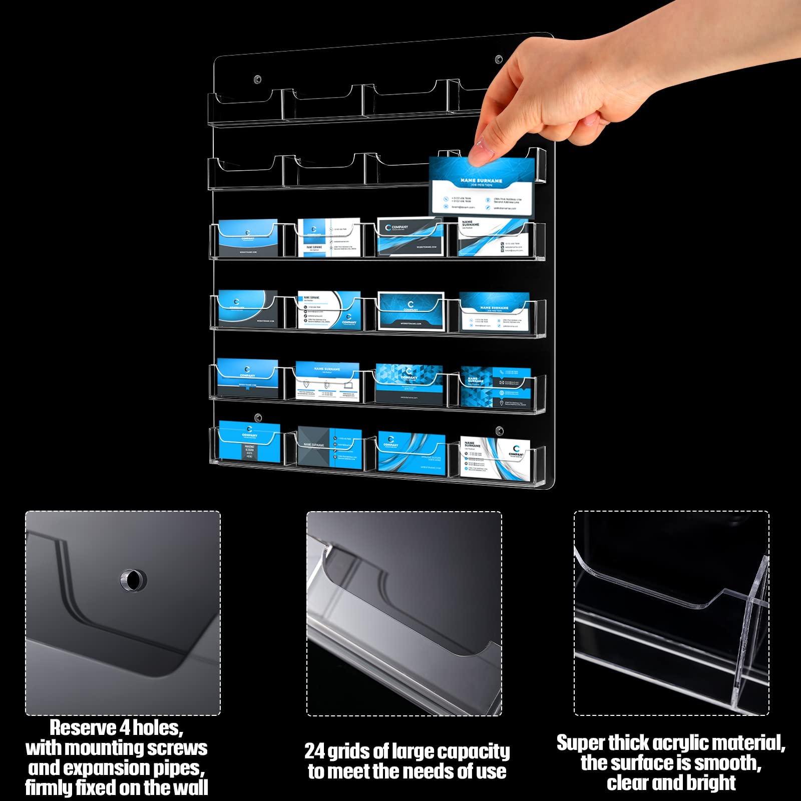 2 Pieces Acrylic Business Card Holder Wall Mount Clear Sticker Display Rack Multiple Clear Acrylic Card Organizer Sticker Display Stand Pre Drilled Index Card Storage (24 Pockets/ 17.7 x 15.7)