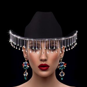 MGupzao Black Cowgirl Hat Bachelorette Party,AB Diamond Cowboy Hat Costume Accessories for Women Men,Bride to be Gift,Cow Girl Hats Novelty with Rhinestone Tassel Design Adjustable Neck Drawcord