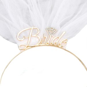 bahaby bride headband with veil, gold, 1 count (pack of 1), hairband for engagement party, bridal shower, bachelorette parties, bridal