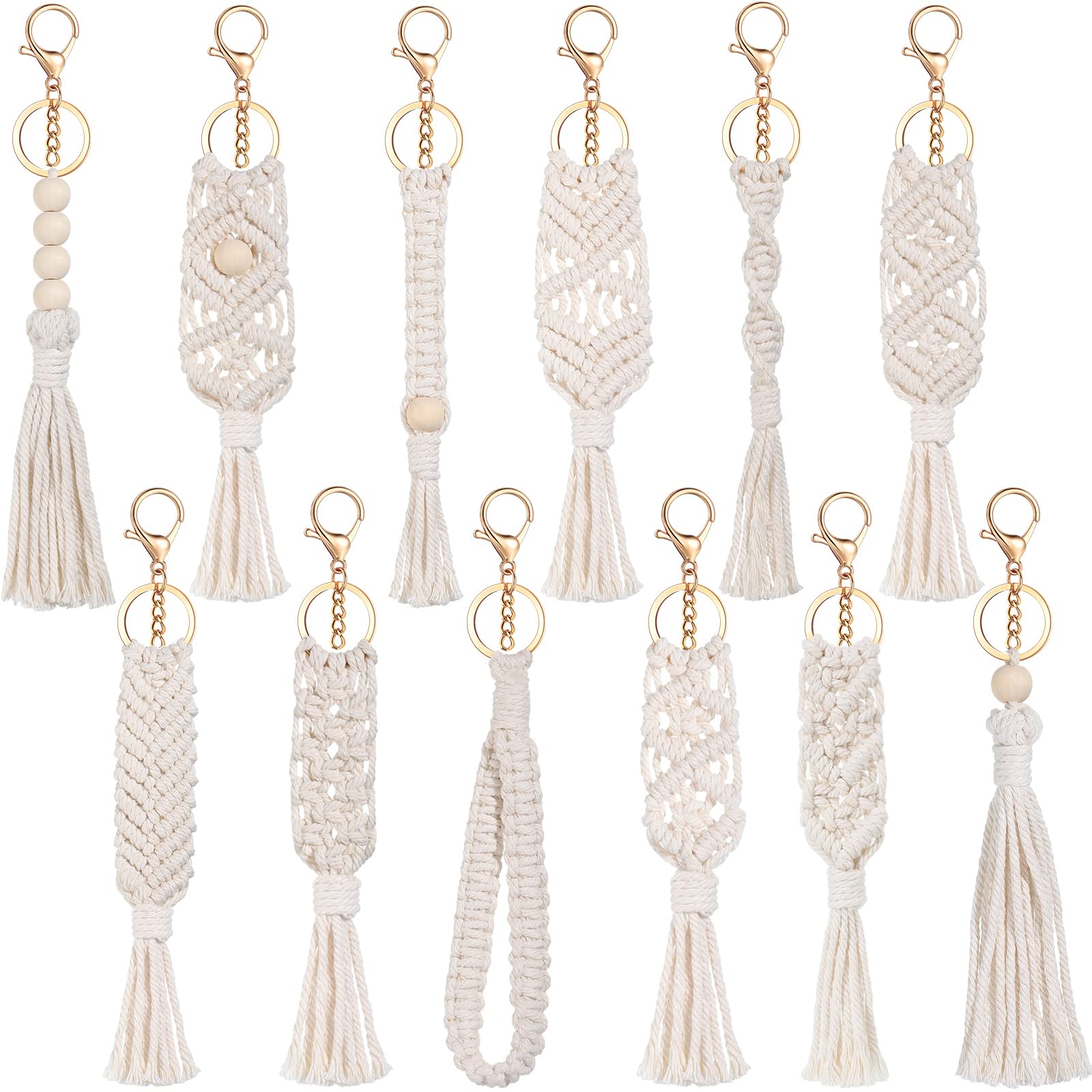 Junkin Macrame Boho Keychains Bulk Handcrafted Aesthetic Key Chain with Tassel for Women Car Key Purse Wallet Beige (36 Pieces)