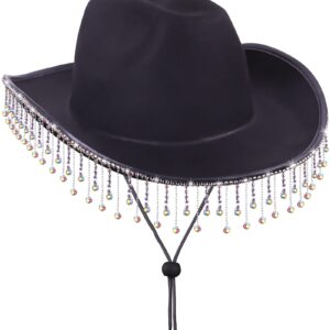 MGupzao Black Cowgirl Hat Bachelorette Party,AB Diamond Cowboy Hat Costume Accessories for Women Men,Bride to be Gift,Cow Girl Hats Novelty with Rhinestone Tassel Design Adjustable Neck Drawcord