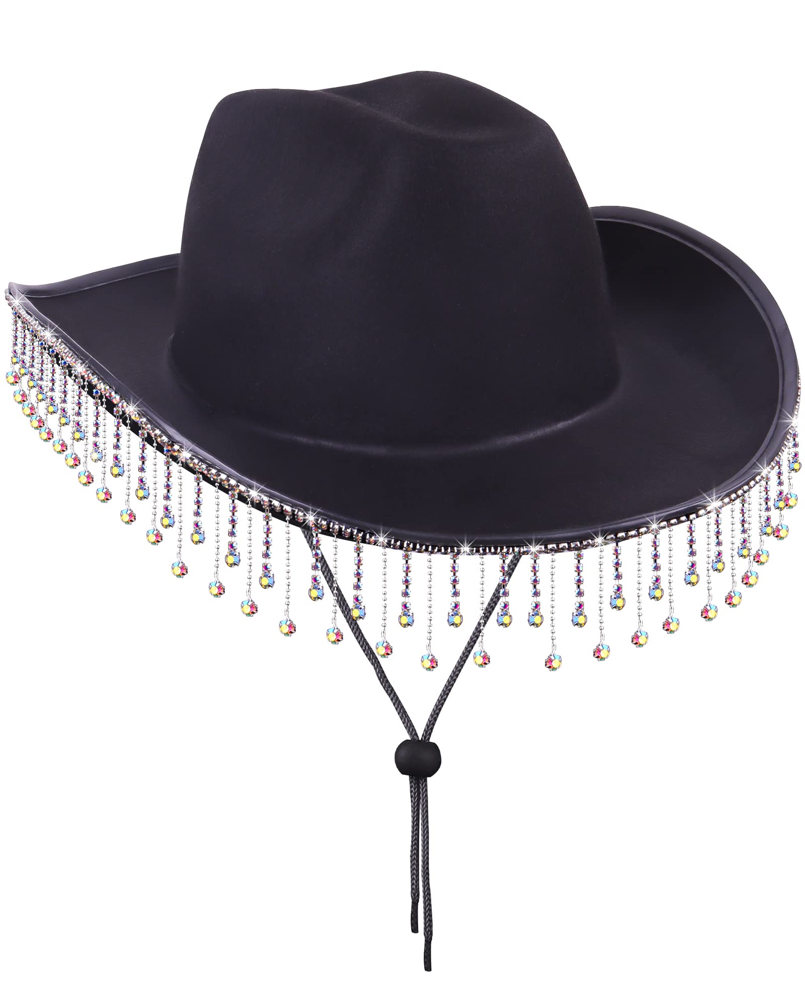 MGupzao Black Cowgirl Hat Bachelorette Party,AB Diamond Cowboy Hat Costume Accessories for Women Men,Bride to be Gift,Cow Girl Hats Novelty with Rhinestone Tassel Design Adjustable Neck Drawcord